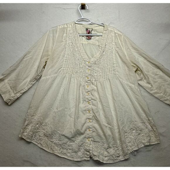 Johnny Was Tops - Johnny Was White Blouse Tunic with embroidered button-down floral details XL